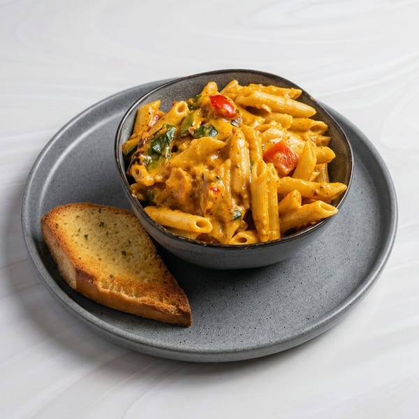 Creamy penne pasta with red peppers and spinach, served with a slice of garlic bread on a gray plate.
