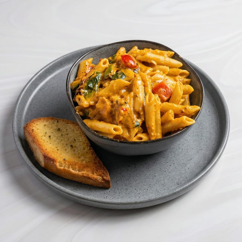 Creamy penne pasta with red peppers and spinach, served with a slice of garlic bread on a gray plate.
