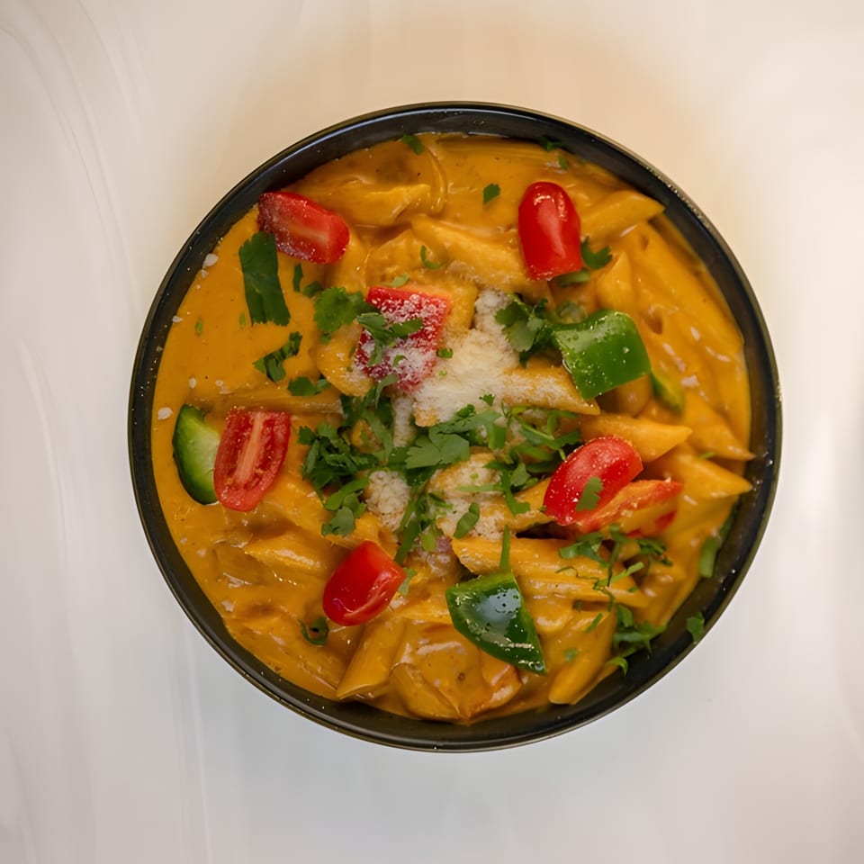 Penne pasta in a creamy orange sauce, topped with cherry tomatoes, green peppers, cilantro, and cheese.