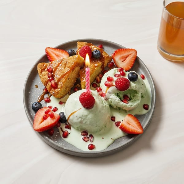 Birthday dessert with cake, green ice cream, berries, pomegranate, and caramel on a gray plate.
